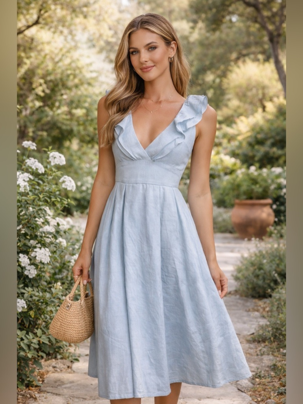 Aureta Blue Linen Midi Dress Ruffle Strap A-Line Nwt Size S